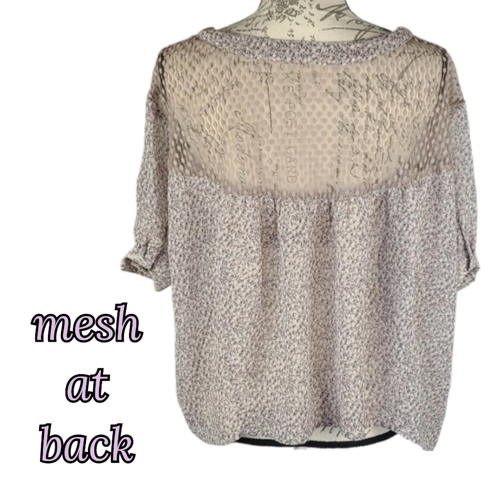 Rose Print Mesh Back Blouse in Lavender amd Light Muted Gray, Size S - Picture 2 of 6